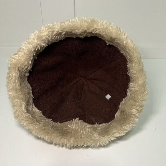 Sherpa Fleece Lined Skull Cap Faux Leather Hat Hood Cap Cream / Brown Sz Small - Picture 4 of 4